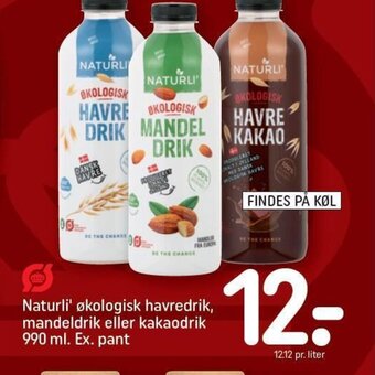 REMA 1000 Naturli' økologisk havredrik, mandeldrik eller kakaodrik 990 ml. Ex. pant tilbud