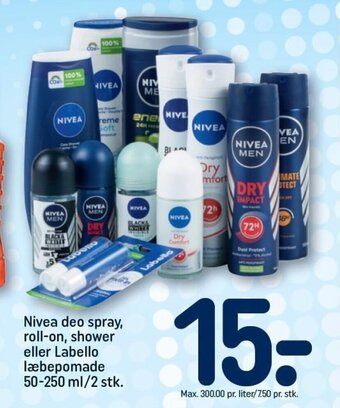 REMA 1000 Nivea deo spray, roll-on, shower eller Labello læbepomade 50-250 ml/2 stk. tilbud