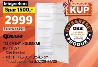 Power Gram 178 cm int. køleskab tilbud