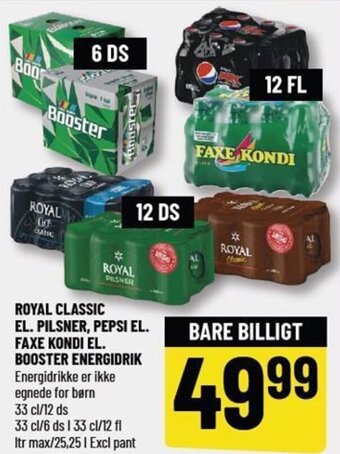 Løvbjerg ROYAL CLASSIC EL. PILSNER, PEPSI EL. FAXE KONDI EL. BOOSTER ENERGIDRIK tilbud