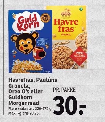 SPAR Havrefras, paulúns, granola, oreo o´s eller guldkorn morgenmad tilbud
