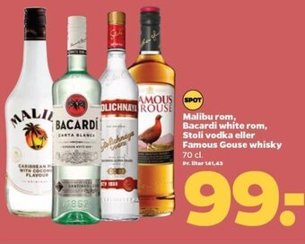 Netto Malibu rom, Bacardi white rom, Stoli vodka eller Famous Gouse whisky tilbud
