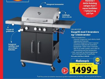 GRILLMEISTER Gasgrill med 3 brændere og 1 sidebrænder