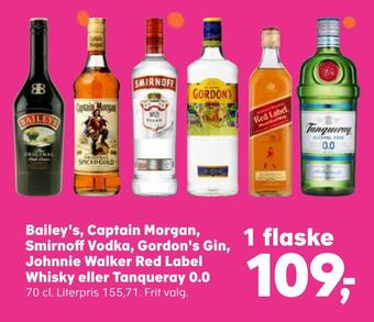 SuperBrugsen Bailey's, captain morgan, smirnoff vodka, gordon's gin, johnnie walker red label whisky eller tanqueray 0,0 tilbud