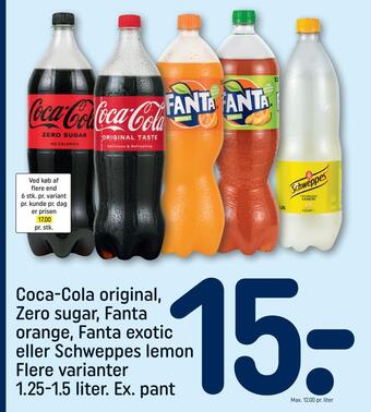 REMA 1000 Coca-cola original, zero sugar, fanta orange, fanta exotic eller schweppes lemon tilbud