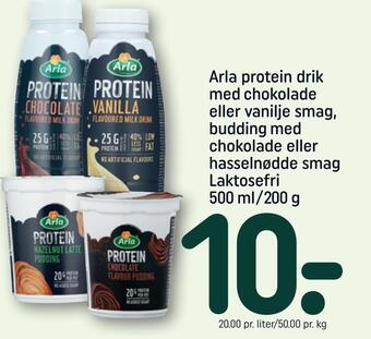 REMA 1000 Arla protein drik med chokolade eller vanilje smag, budding med chokolade eller hasselnødde smag tilbud