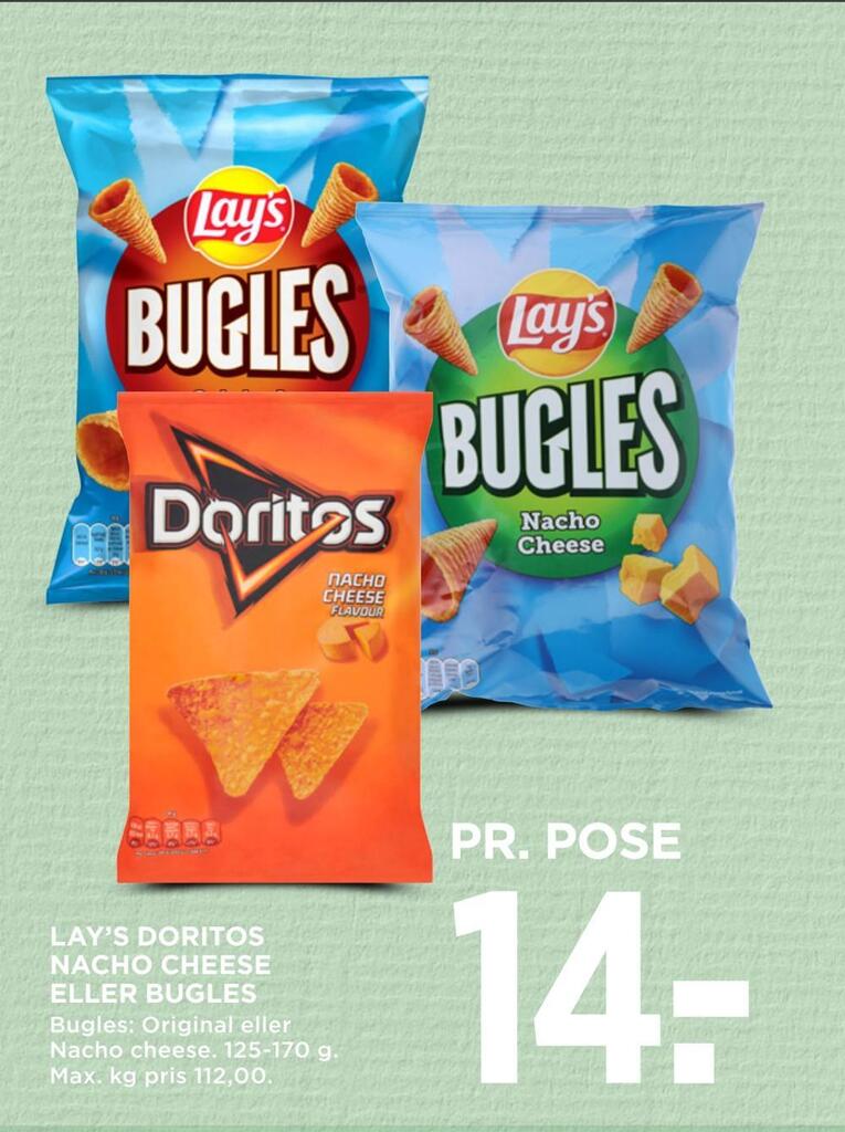Lay's doritos nacho cheese eller bugles tilbud hos MENY