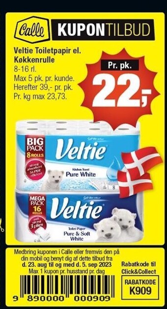 Calle Veltie toiletpapir el. køkkenrulle 8-16 rl tilbud
