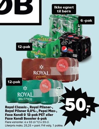 Kvickly Royal classic-, royal pilsner-, royal pilsner 0,0%-, pepsi max-, faxe kondi 0 12-pak pet eller faxe kondi booster 6-pak tilbud