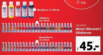 Lidl Crelando akryl-/akvarel-/ oliefarver tilbud