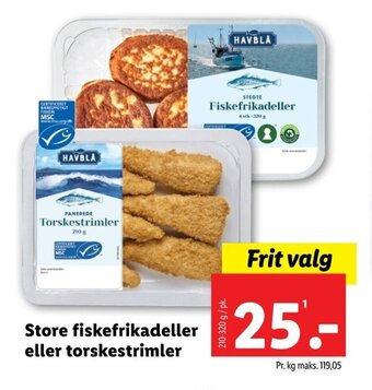 Lidl Store fiskefrikadeller eller torskestrimler tilbud