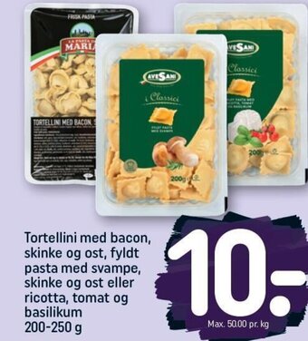 REMA 1000 Tortellini med bacon, skinke og ost, fyldt pasta med svampe, skinke og ost eller ricotta, tomat og basilikum 200-250 g tilbud
