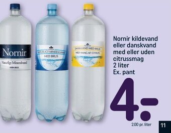 REMA 1000 Nornir kildevand eller danskvand med eller uden citrussmag 2 liter Ex. pant tilbud