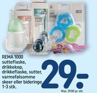 REMA 1000 REMA 1000 sutteflaske, drikkekop, drikkeflaske, sutter, varmefølsomme skeer eller bideringe 1-3 stk. tilbud