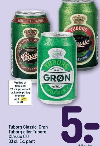REMA 1000 Tuborg Classic, Grøn Tuborg eller Tuborg Classic 0.0 33 cl. Ex. pant tilbud