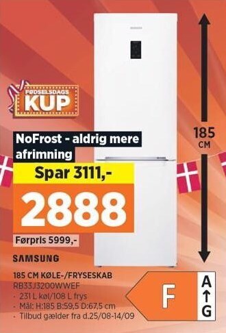 Power 185 cm int. køle-/fryseskab tilbud