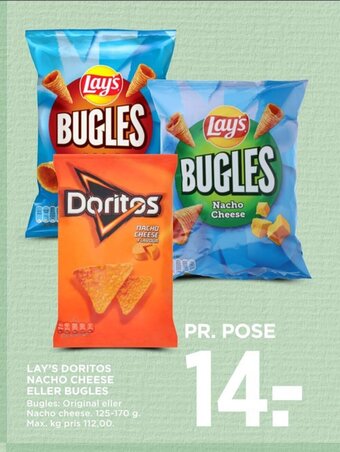 MENY LAY'S DORITOS NACHO CHEESE ELLER BUGLES tilbud