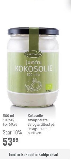 Helsam Jomfru kokosolie koldpresset tilbud