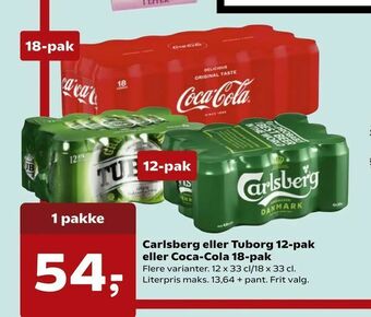 Kvickly Carlsberg eller Tuborg 12-pak eller Coca-Cola 18-pak tilbud
