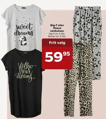 Kvickly Big-T eller fleece natbukser tilbud
