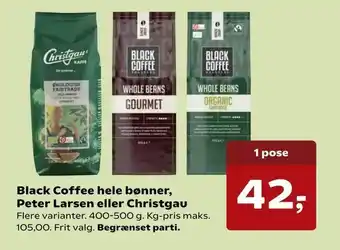 Kvickly Black Coffee hele bønner, Peter Larsen eller Christgau tilbud