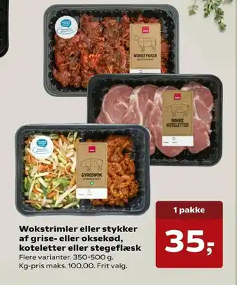 SuperBrugsen Wokstrimler eller stykker af grise- eller oksekød, koteletter eller stegeflæsk tilbud