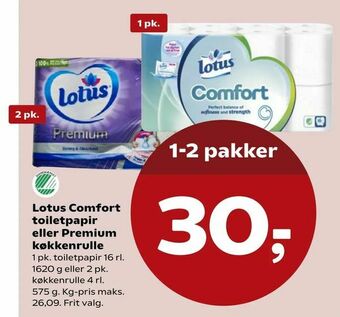 SuperBrugsen Lotus Comfort toiletpapir eller Premium køkkenrulle tilbud