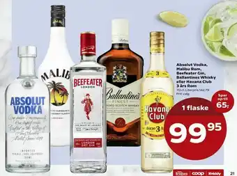 SuperBrugsen Absolut Vodka, Malibu Rom, Beefeater Gin, Ballantines Whisky eller Havana Club 3 års Rom tilbud