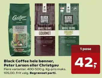 SuperBrugsen Black Coffee hele bønner, Peter Larsen eller Christgau tilbud