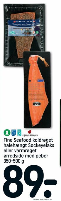 REMA 1000 Fine Seafood koldrøget halehængt Sockeyelaks eller varmrøget ørredside med peber tilbud