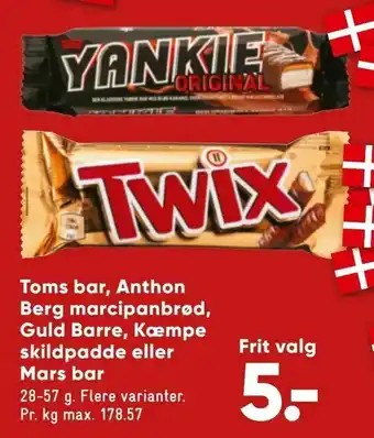 Bilka Toms bar, Anthon Berg marcipanbrød, Guld Barre, Kæmpe skildpadde eller Mars bar tilbud