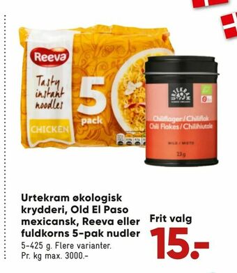 Urtekram økologisk krydderi, Old El Paso mexicansk, Reeva eller fuldkorns 5-pak nudler