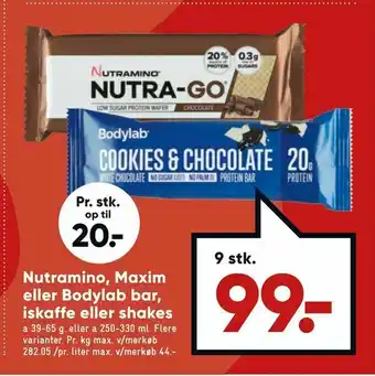 Bilka Nutramino, Maxim eller Bodylab bar, iskaffe eller shakes tilbud