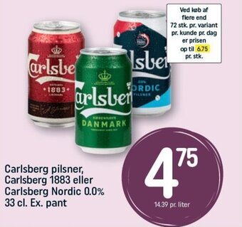 REMA 1000 Carlsberg pilsner, Carlsberg 1883 eller Carlsberg Nordic 0.0% 33 cl. Ex. pant tilbud