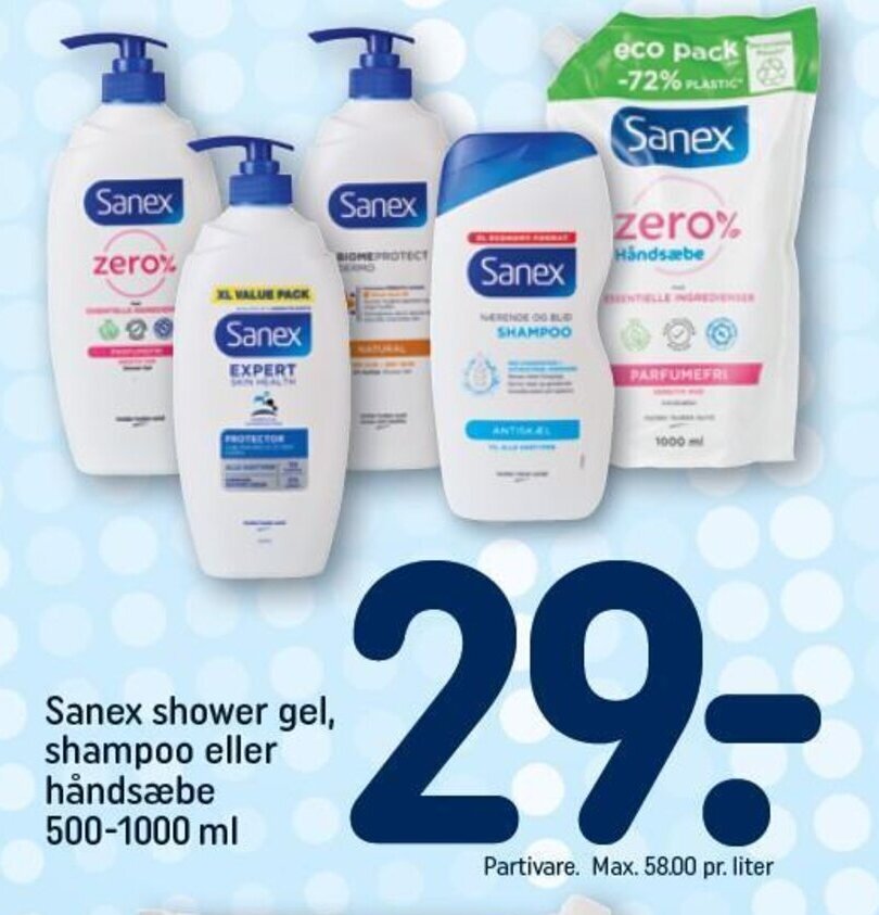 Sanex shower gel, shampoo eller håndsæbe 5001000 ml tilbud hos Rema 1000