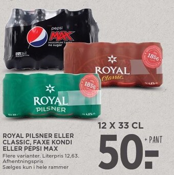 MENY Royal pilsner eller classic, faxe kondi eller pepsi max tilbud