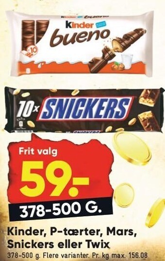Bilka Kinder, p-tærter, mars, snickers eller twix tilbud