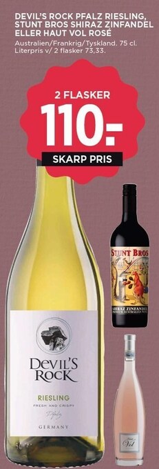 MENY Devil´s rock pfalz riesling, stunt bros shiraz zinfandel eller haut vol rosè tilbud