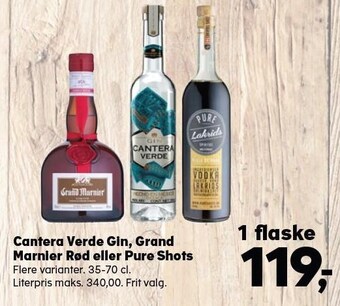 Kvickly Cantera verde gin, grand marnier rød eller pure shots tilbud