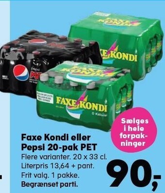Kvickly Faxe kondi eller pepsi 20-pak pet tilbud