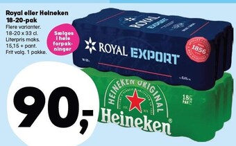 Kvickly Royal eller heineken 18-20-pak tilbud