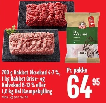 Min Købmand 700 g hakket oksekød 4-7%, 1 kg hakket grise- og kalvekød 8-12% eller 1,8 kg hel kæmpekylling tilbud