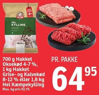 SPAR 700 g hakket oksekød 4-7%, 1 kg hakket grise- og kalvekød 8-12% eller 1,8 kg hel kæmpekylling tilbud