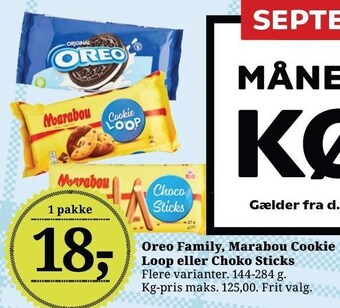 Dagli'Brugsen Oreo family, marabou cookie loop eller choko sticks tilbud