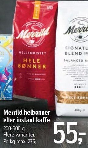 Føtex Merrild helbønner eller instant kaffe tilbud