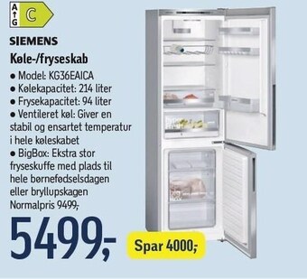 Føtex Siemens køle-/fryseskab tilbud