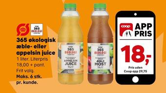 Kvickly 365 økologisk æble- eller appelsin juice tilbud