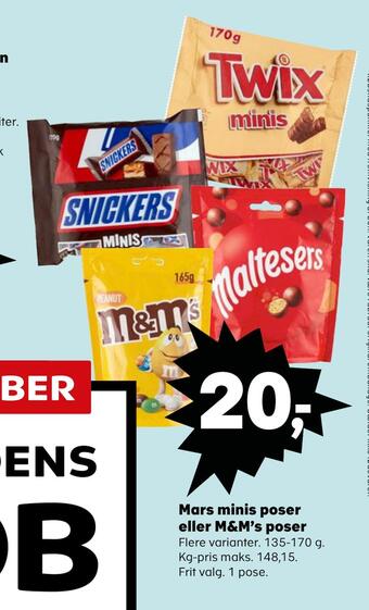 SuperBrugsen Mars minis poser eller m&m's poser tilbud