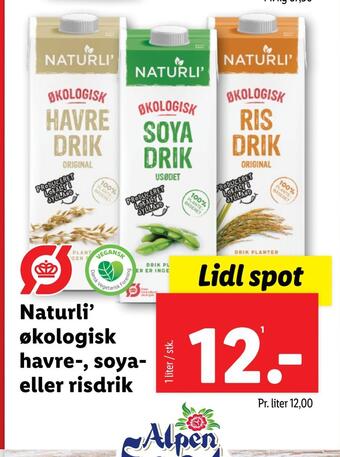 Lidl Naturli' økologisk havre-, soya eller risdrik tilbud