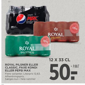 MENY Royal pilsner eller classic, faxe kondi eller pepsi max tilbud
